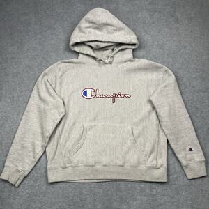 Champion reverse weave hoodie gray pullover fleece logo size XL